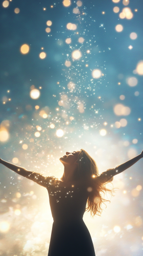 The Woman Embracing Stardust and Glowing Stars The Woman Embracing Stardust and Glowing Stars