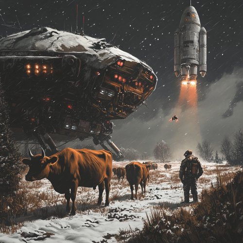 The astronaut observes a post-apocalyptic scene.