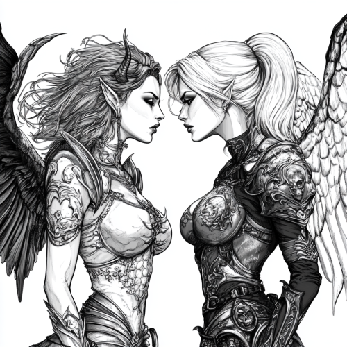 The beautiful angel and devil in armor fighting