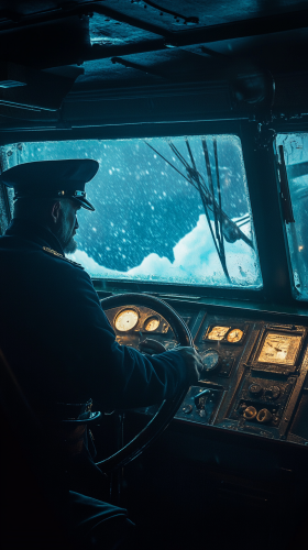 The captain commands ship at night in Atlantic