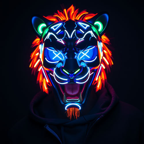The cyberpunk man wears a LED mask.