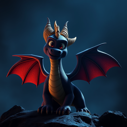 The dark Spyro from Netflix sitting on white chair