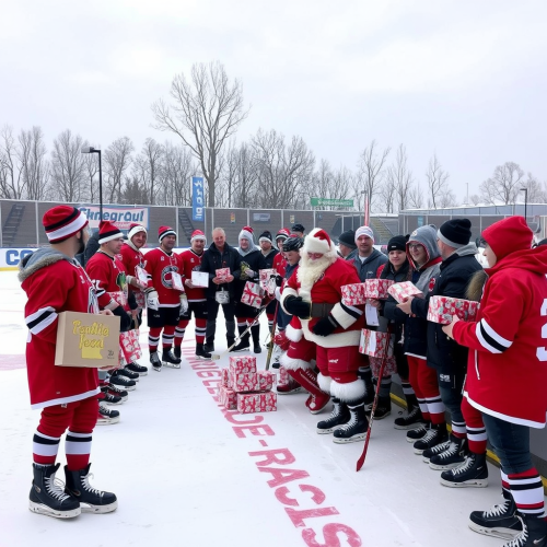 The hockey team gives gifts to Santa.