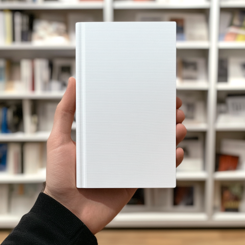 The man's hand holds a white book