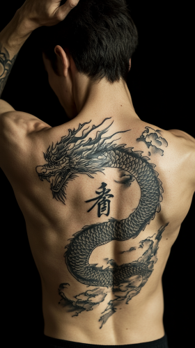 The man shows off a dragon tattoo