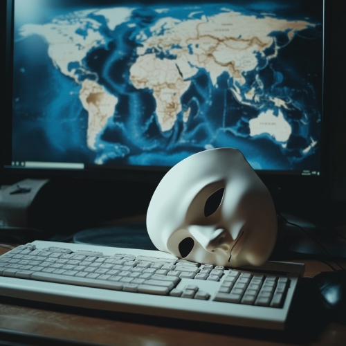 The masked face on computer keyboard