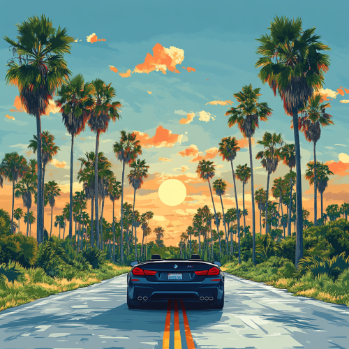 The sun shining on the horizon from black convertible.