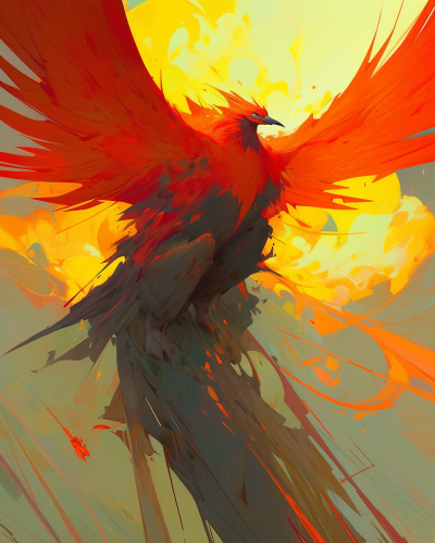 Thermonuclear Phoenix in red, green, yellow, black art abstraction. Thermonuclear Phoenix in red, green, yellow, black art abstraction.