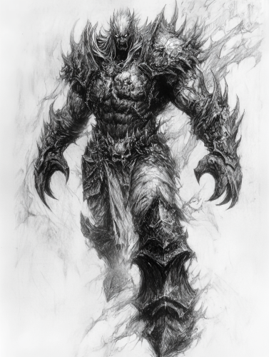 Thick, jagged sketch of menacing, powerful demonic figure.