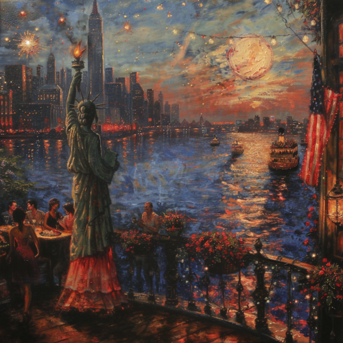 Thomas Kinkade style painting of Statue of Liberty, celebration.