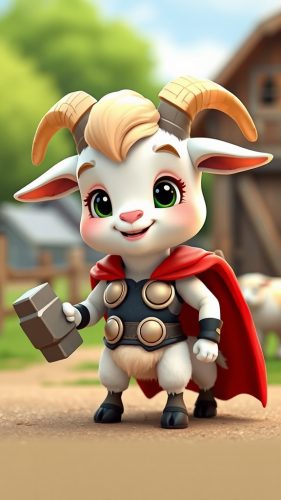 Thor, a cute blonde goat with hammer, cape.