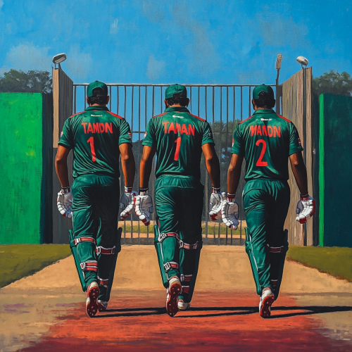 Three Bangladeshi cricketers walking towards Ahsan Manjil.