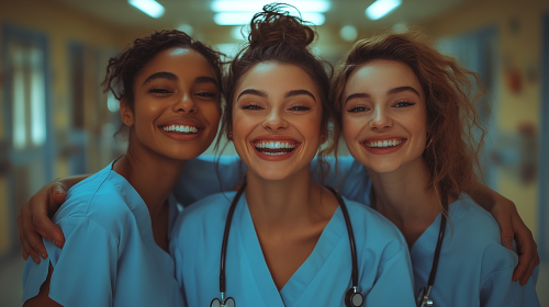 Three Happy Nurses Celebrating in Bright Hospital