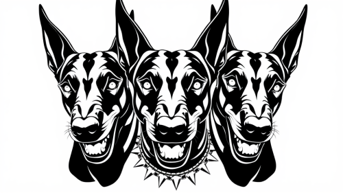 Three-Headed Doberman Tattoo Stencil with Spiked Collar