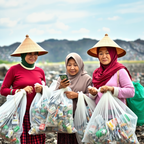 Three Indonesian women collect recyclable plastic at landfill.