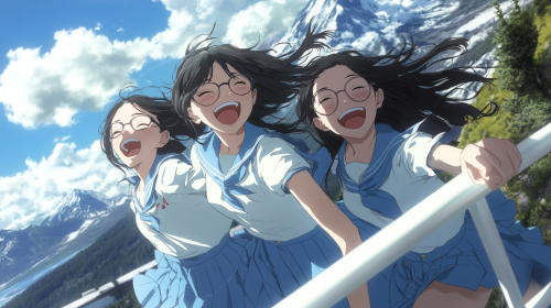 Three Japanese high school girls laughing on rooftop. Three Japanese high school girls laughing on rooftop.