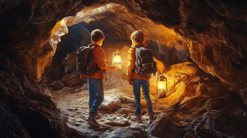 Three Kids Exploring Cave with Lanterns