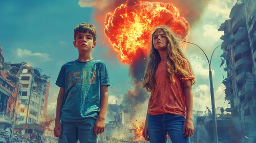 Three Kids in Ruined City After Nuclear Blast
