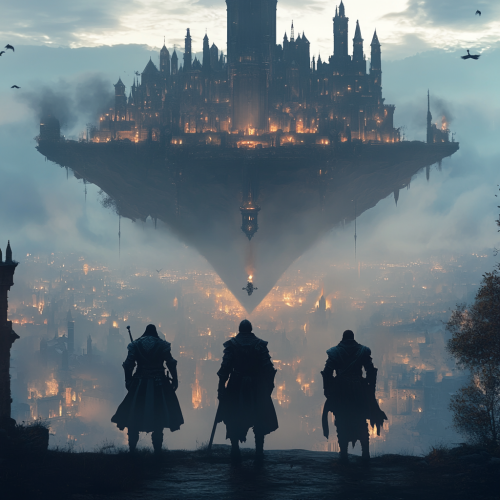 Three Knights Gazing at a Floating Fantasy City