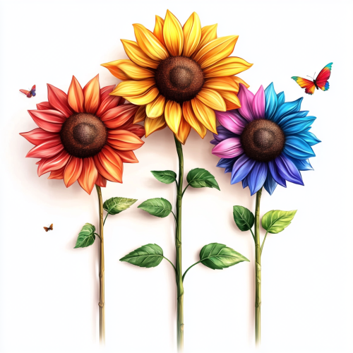 Three LGBTQ Colored Sunflowers with Small Creatures