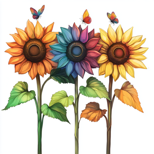 Three LGBTQ-Colored Sunflowers with Tiny Insects