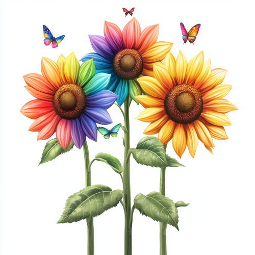 Three LGBTQ Rainbow Sunflowers with Small Insects