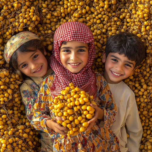 Three Omani Children Happy Among Yellow Dates