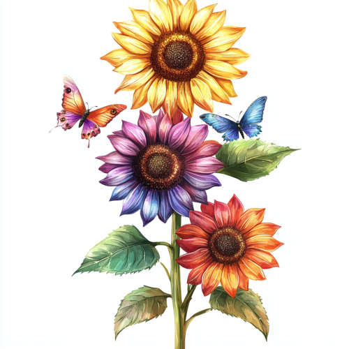 Three Rainbow-Colored Sunflowers with Small Butterflies