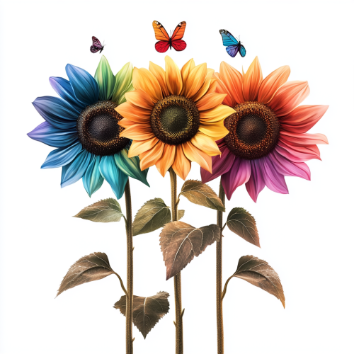 Three Rainbow-Colored Sunflowers with Tiny Insects