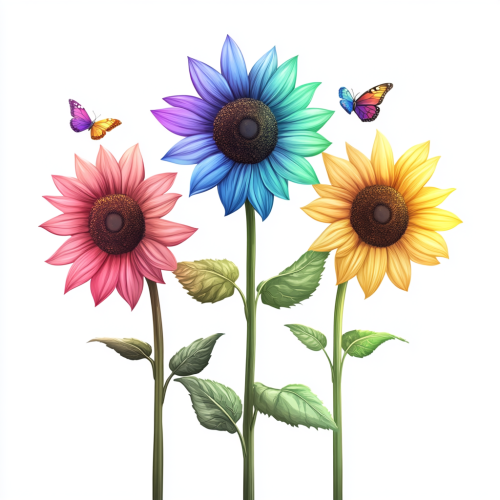 Three Rainbow LGBTQ Sunflowers with Butterflies