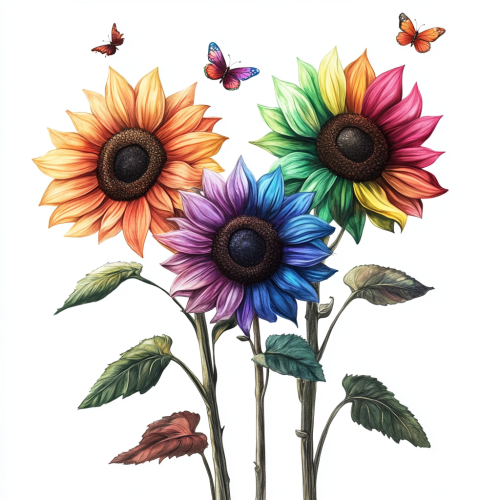 Three Rainbow Sunflowers with Butterflies Isolated