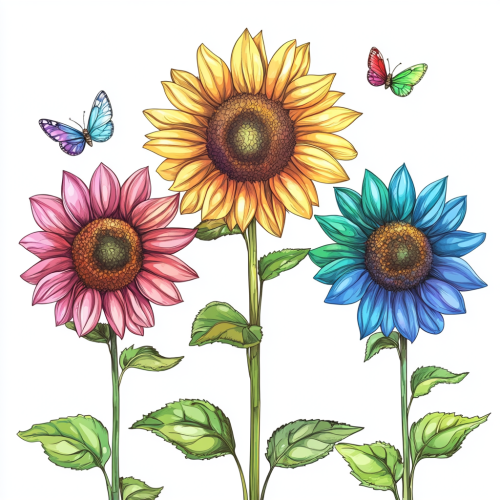 Three Rainbow Sunflowers with Butterflies on White