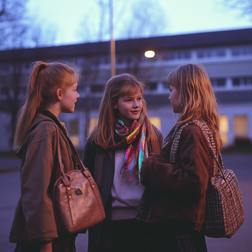 Three Scandinavian Girls Chatting outside School at Night Three Scandinavian Girls Chatting outside School at Night