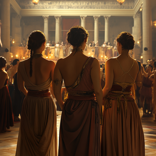Three Women in Ancient Greek Outfits at Party