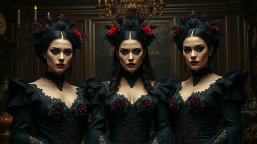 Three beautiful vampire brides in dark Victorian room.