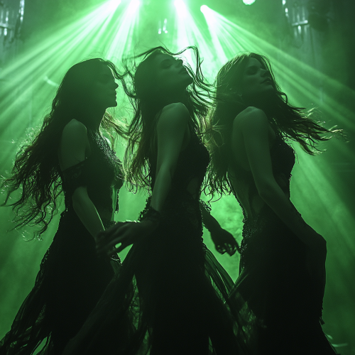 Three beautiful witches dance in green-lit nightclub