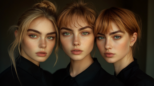 Three beautiful young women with unique features, painted style