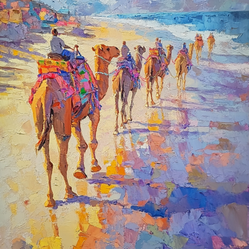 Three camels on beach with ropes, sunset shadows.