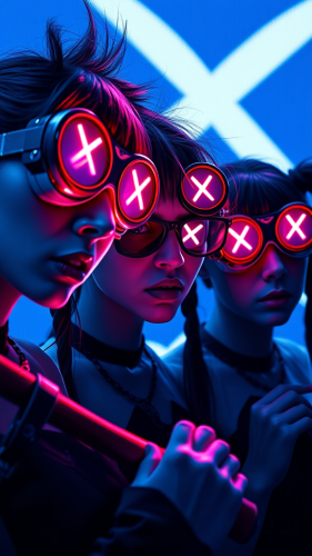 Three cybergoth girls on a futuristic ship