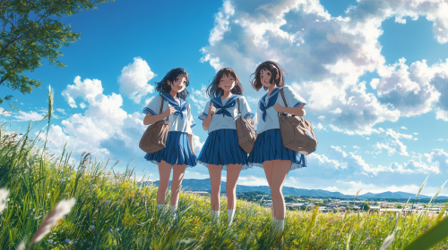 Three happy Japanese girls in traditional school uniforms. Three happy Japanese girls in traditional school uniforms.