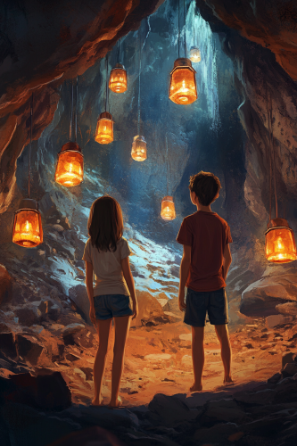Three kids exploring colorful cave with lanterns