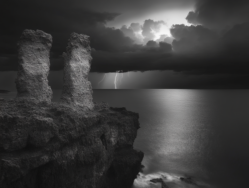 Three limestone rock pinacles in dramatic black and white.