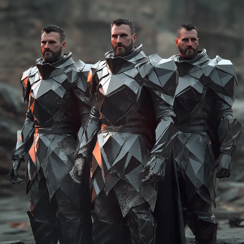 Three men in glowing armor stand victorious