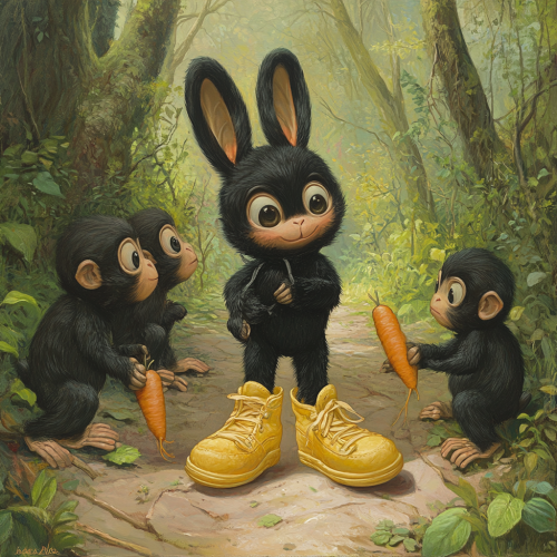 Three monkeys trick Bunny with carrots, betraying him.