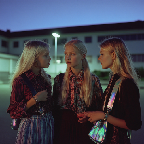 Three scandinavian girls chat outside school at night Three scandinavian girls chat outside school at night