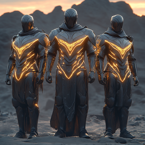 Three shining heroes in magical armor stand tall