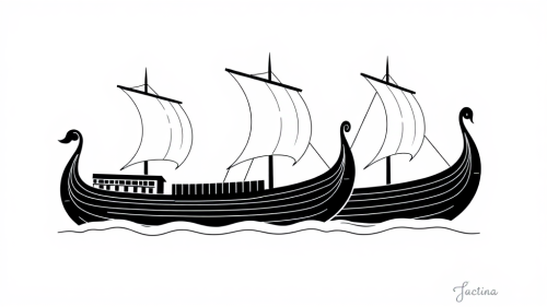 Three simple viking ships sailing on water.