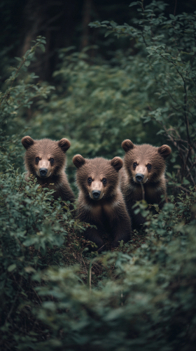 Three small but fierce bear cubs in forest.