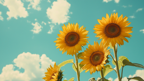 Three sunflowers under blue sky and white clouds