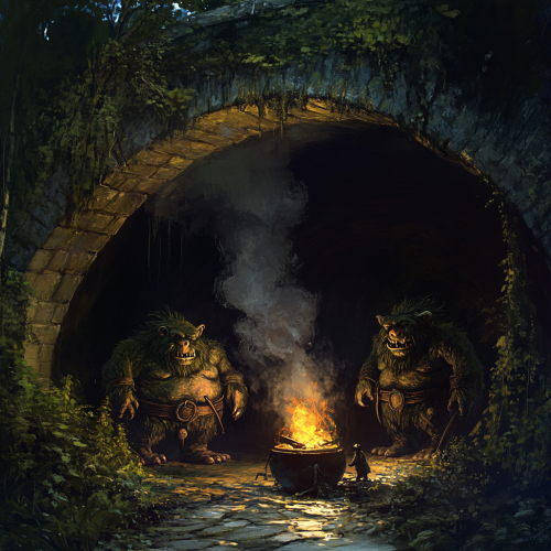 Three trolls around a smoking cauldron under a bridge.